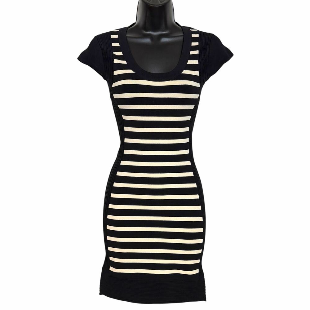 French Connection Striped Bodycon Dress 2 Black White Cap Sleeve Bandage Mini